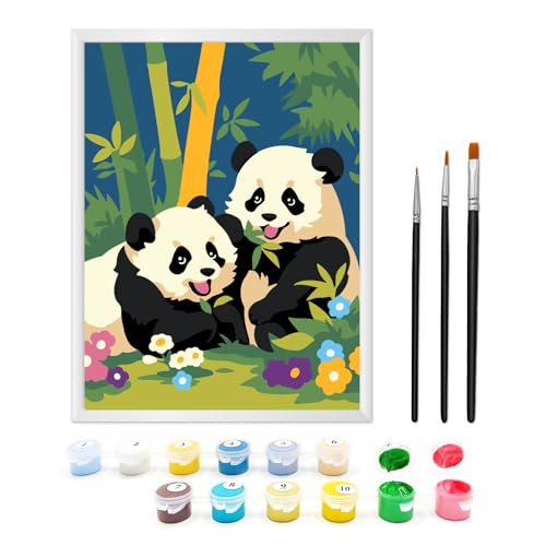 Zimrobin Malen Nach Zahlen ab 5 6 7 Jahre Mädchen und Junge, Malen Nach Zahlen für Kinder mit Rahmen 3 Pinsel und Acrylfarben, 18 X 24cm(Zwei Pandas) von Zimrobin