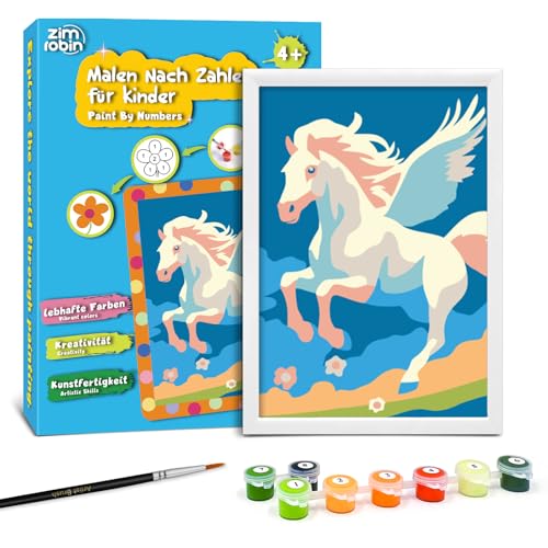 Zimrobin Malen Nach Zahlen für Kinder –12×8cm Malen Nach Zahlen Kinder ab 5 6 7 Jahre Mädchen und Junge，Kreatives Geschenk mit Rahmen 1 Pinsel und Acrylfarben (Fliegendes Einhorn) von Zimrobin