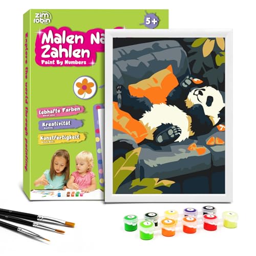 Zimrobin Malen Nach Zahlen für Kinder –13×18cm Malen Nach Zahlen Kinder ab 5 6 7 Jahre Mädchen und Junge，Kreatives Geschenk mit Rahmen 3 Pinsel und Acrylfarben(Panda auf dem Sofa) von Zimrobin