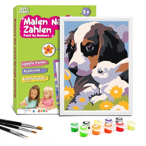 Zimrobin Malen Nach Zahlen für Kinder –13×18cm Malen Nach Zahlen Kinder ab 5 6 7 Jahre Mädchen und Junge，Kreatives Geschenk mit Rahmen 3 Pinsel und Acrylfarben (Hund Und Hase) von Zimrobin