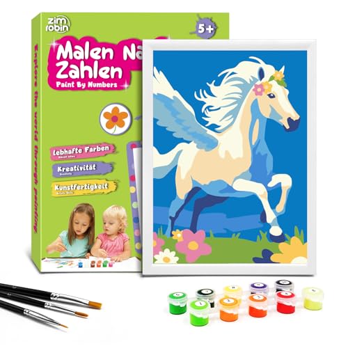 Zimrobin Malen Nach Zahlen für Kinder –13×18cm Malen Nach Zahlen Kinder ab 5 6 7 Jahre Mädchen und Junge，Kreatives Geschenk mit Rahmen 3 Pinsel und Acrylfarben (Weißes Pferd Mit Flügeln) von Zimrobin
