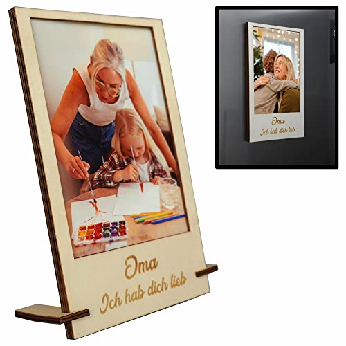 Zinello Design - Personalisierter Bilderrahmen aus Holz mit Magneten für den Kühlschrank oder mit Aufsteller für Oma | Foto Standardformat 10x15cm | Magnetischer Fotohalter | Geschenkidee Oma von Zinello Design