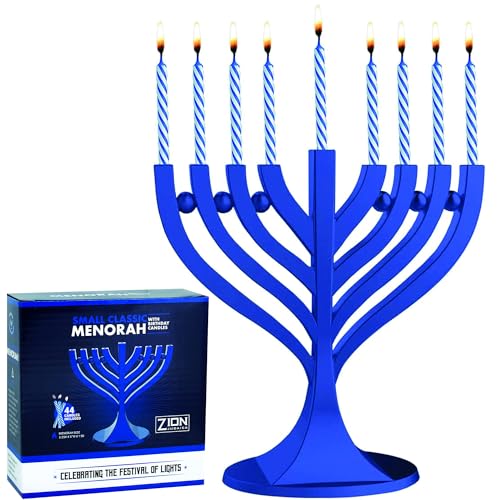 Zion Judaica Klassische Mini-Menora mit Chanukka-Kerzen-Set – Dunkelkönigsblau mit 44 blau-weißen Mini-Geburtstagskerzen, Chanukka-Dekoration oder Geschenk von Zion Judaica Ltd