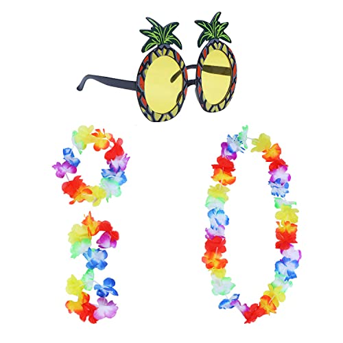 Hawaii Kostüm Set,4 PCS Costümset Hawaii Girlande + 1 PCS Ananas-Sonnenbrille Hula-Kostüm Hawaii Rock Tropische Dekoration Strandparty Party von Ziranee