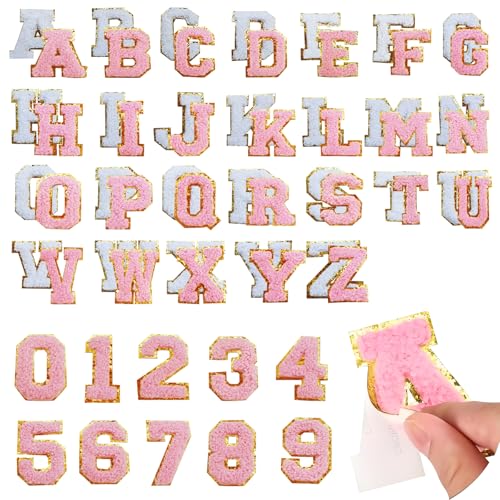 Selbstklebende Chenille-Buchstaben-Aufnäher und Zahlen-Aufkleber, A-Z, bestickte Buchstaben-Flicken für Kleidung, Rucksäcke, Taschen, Hüte, Handyhüllen, 62 Stück (Rosa, Weiß) von Ziseyoru