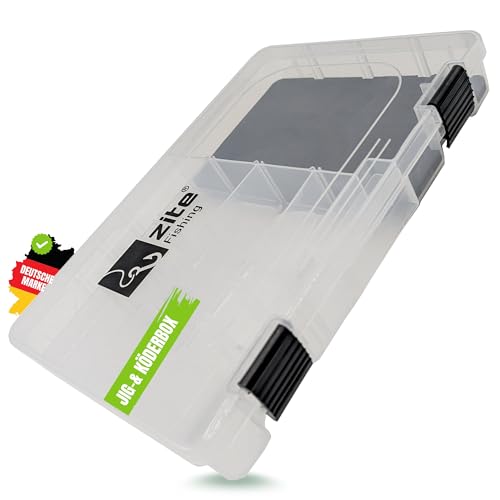 Zite Fishing Köderbox für Jigs & Kunstköder | Flache Box mit EVA-Schaumeinlage | 4 Längsfächer & 1 Hauptfach | 27,5x18,5x4,5cm Sortierbox | Angelbox Haken, Kunstköder, Terminal Tackle Zubehör & Mehr Zite Fishing Köderbox für Jigs & Kunstköder | Flache Box mit EVA-Schaumeinlage | 4 Längsfächer & 1 Hauptfach | 27,5x18,5x4,5cm Sortierbox | Angelbox Haken, Kunstköder, Terminal Tackle Zubehör & Mehr von Zite