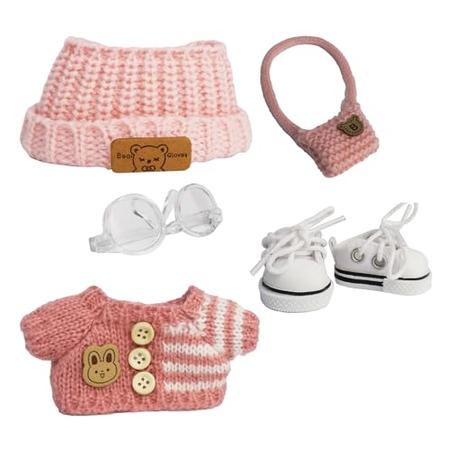 Tuch für 15 cm und 17 cm Puppe, 5-teiliges handgefertigtes Häkelkleidungsoutfit für Puppe (ohne Puppe) – hellrosa Kleidung + hellrosa Bärenförmiger Samthut + Brille + Umhängetasche + weiße von ZitoNebrix
