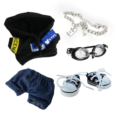Tuch für Puppe, 5-teiliges Outfit für 17 cm (ohne Puppe) – schwarze futuristische Brille + metallische Halskette + schwarzer Hoodie + blaue Jeans + Canvas-Sneaker von ZitoNebrix
