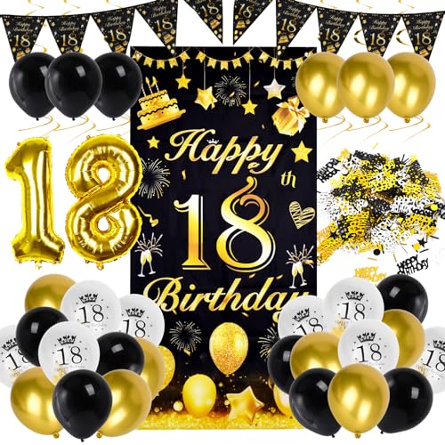 Ziwijity 18. Geburtstag Dekorationen Schwarz und Gold Backdrop Banner Luftballons, Nummer Folie18 Luftballons, 18 Jahre alt Geburtstag Party Dekoration für Frauen männer (18. Schwarzgold) von Ziwijity
