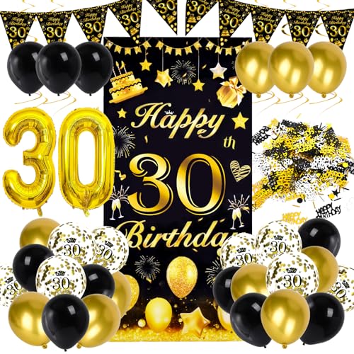 Ziwijity 30. Geburtstag Dekorationen Schwarz und Gold Backdrop Banner Luftballons, Nummer Folie 30 Luftballons, 30 Jahre alt Geburtstag Party Dekoration für Frauen männer (30. Schwarzgold) von Ziwijity