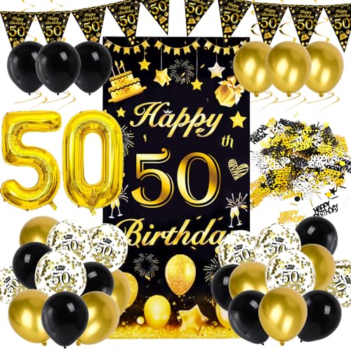 Ziwijity 50. Geburtstag Dekorationen Schwarz und Gold Backdrop Banner Luftballons, Nummer Folie 50 Luftballons, 50 Jahre alt Geburtstag Party Dekoration für Frauen männer (50. Schwarzgold) von Ziwijity