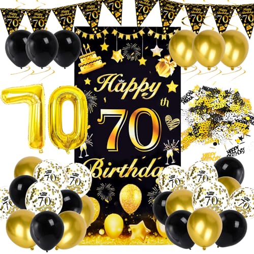 Ziwijity 70. Geburtstag Dekorationen Schwarz und Gold Backdrop Banner Luftballons, Nummer Folie 70 Luftballons, 70 Jahre alt Geburtstag Party Dekoration für Frauen männer (70. Schwarzgold) von Ziwijity