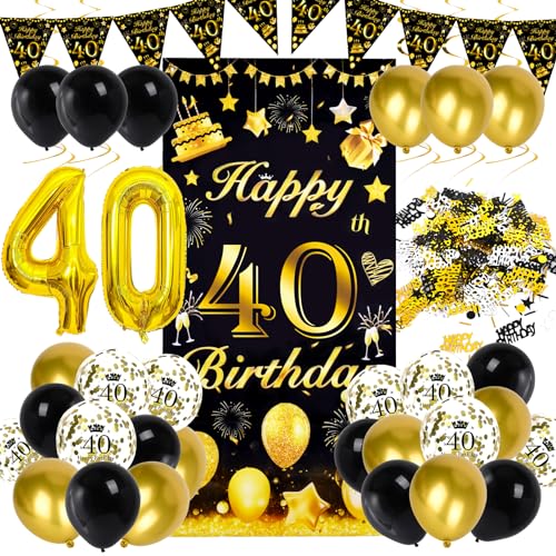 Ziwijity 40. Geburtstag Dekorationen Schwarz und Gold Backdrop Banner Luftballons, Nummer Folie 40 Luftballons, 40 Jahre alt Geburtstag Party Dekoration für Frauen männer (40. Schwarzgold) von Ziwijity