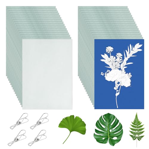 Ziyonix 32 Stück Cyanotypie Papier Kit, A5 Hochempfindliches Sonnendruckpapier mit Kunststoffwerkzeug und Klammer Naturdruckpapier Solardruckpapier für Kinder Erwachsene Heimwerken Basteln von Ziyonix