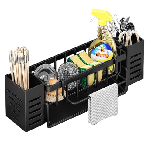 Ziyonix Spülbecken Organizer Kitchen Schwammhalter, Küchen Spüle Sink Organizer mit Abnehmbarer Spültuchhalter und Aufbewahrungsbox, Schwammhalter Spülbecken mit Automatisch Abflusspfanne (Schwarz) von Ziyonix