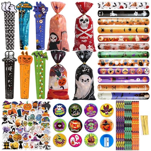 110 Stück Halloween Schreibwaren Set, Halloween Party Mitgebsel, Halloween Schnapparmband, Halloween SüßIgkeiten Tüten, Party Geschenk-Set mit Halloween Bleistifte/Bleistiftspitzer/Aufkleber/Lineale von Zkaoai
