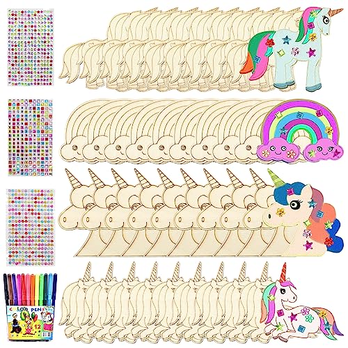 40 Stück Einhorn Holz Bastelset zum Bemalen, Kindergeburtstag Holzbastelsets für Kinder mit 12 Aquarellstift + 3 Edelsteinaufkleber (A) von Zkaoai