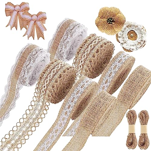 8 Rollen Vintage Juteband, Spitzenband, Juteband Leinwand Band, Natürliche Jute Bänder und Spitze für DIY Handwerk Deko Hochzeit Party Wohnkultur mit 20m Hanfseil von Zkaoai