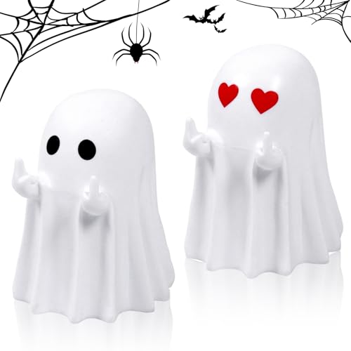 Zkaoai 2 Stück Halloween Geist Ornament, Mittelfinger Niedliche Geister Statue für Tischdeko Regal Dekorationen Geist Deko, Mittelfinger Geist Statue für Halloween Party Geist Ornamente von Zkaoai