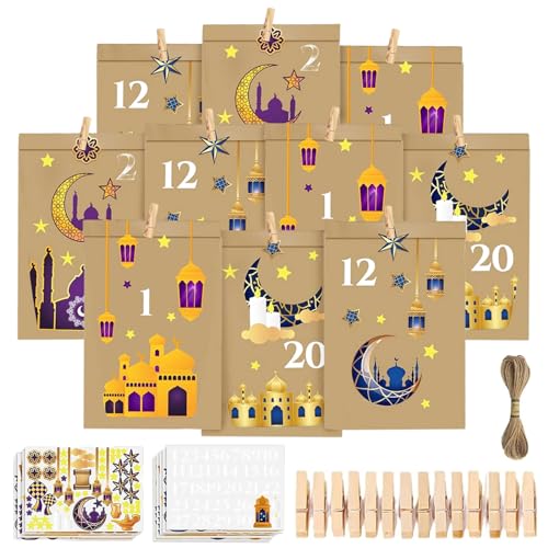 Zkaoai 30 Stück Eid Mubarak Tüten, DIY Ramadan zum Befüllen, Ramadan Adventskalender, Eid Mubarak Geschenktüten mit Kalender Sticker/Clips/Juteseil, Ramadankalender zum Befüllen für Ramadan Dekoration von Zkaoai