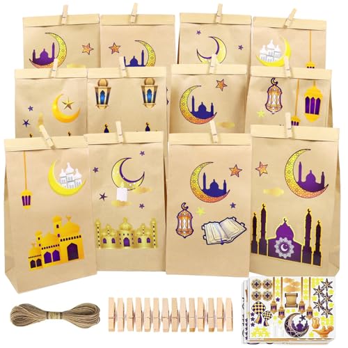 Zkaoai 30 Stück Eid Mubarak Tüten, DIY Ramadan zum Befüllen, Ramadan Adventskalender, Eid Mubarak Geschenktüten mit Kalender Sticker/Clips/Juteseil, Ramadankalender zum Befüllen für Ramadan Dekoration von Zkaoai