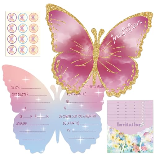 12 Stück Einladungskarten, Kindergeburtstag Mädchen Schmetterling Party Einladung, Einladungskarten Kindergeburtstag, Mädchen Schmetterling Party Einladung, Schmetterling Einladungskarten(Französisch) 12 Stück Einladungskarten, Kindergeburtstag Mädchen Schmetterling Party Einladung, Einladungskarten Kindergeburtstag, Mädchen Schmetterling Party Einladung, Schmetterling Einladungskarten(Französisch) von Zkaoai