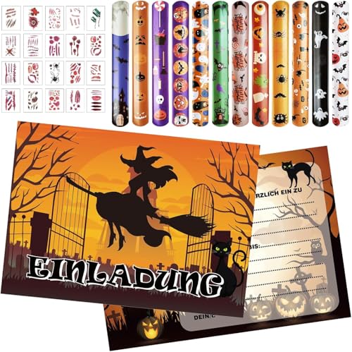 Halloween Einladungskarten Set, 12 Karten Halloween Party Einladung + 12 Stück Halloween Schnapparmband Kinder + 20 Blatt Halloween Tattoo Aufkleber, Bunte Schnapparmbänder für Kinder Mädchen Jungen von Zkaoai