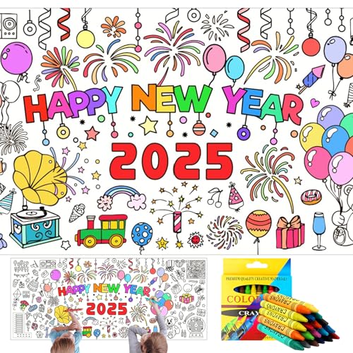 Zkaoai Papier-Tischdecke zum Ausmalen, Silvester Tischdecke 2025, Happy New Year Ausmal-Tischdecke, Ausmaltischdecke Kinder 183 x 76cm und 12 Buntstifte, Silvester Basteln Kinder für Neujahr Supplies von Zkaoai