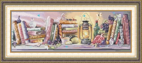 Zleiubisa Bücher DIY Kreuzstich Kunst Handwerk 62 x 23 cm Stoff mit Zubehör, 14 Karat vorgedruckte geprägte Sticksets für Erwachsene Anfänger (Öllampe, Bücherregal) von Zleiubisa