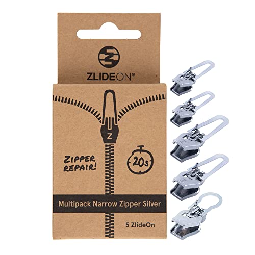 ZlideOn Reißverschluss Ersatz - 5 Stk, Silber, Schmal - Instant Zipper Reißverschluss Schieber Multipack von ZlideOn