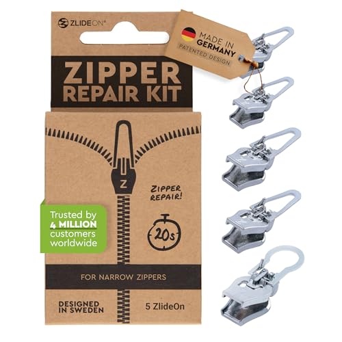 ZlideOn Reißverschluss Ersatz - 5 Stk, Silber, Schmal - Instant Zipper Reißverschluss Schieber Multipack von ZlideOn