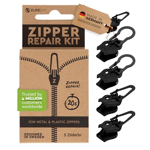 ZlideOn Reißverschluss Ersatz - 5 Stk., Schwarz, Normal - Instant Zipper Reißverschluss Schieber Multipack von ZlideOn