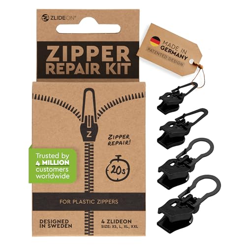 ZlideOn Reißverschluss Zipper Ersatz Reparatur Set – Schwarz Reißverschluss Reparieren Für Kunststoffreißverschlüsse Multipack (4 pack) - Reissverschluss-Reparatursetgeeignet für Rucksäcke, und mehr von ZlideOn