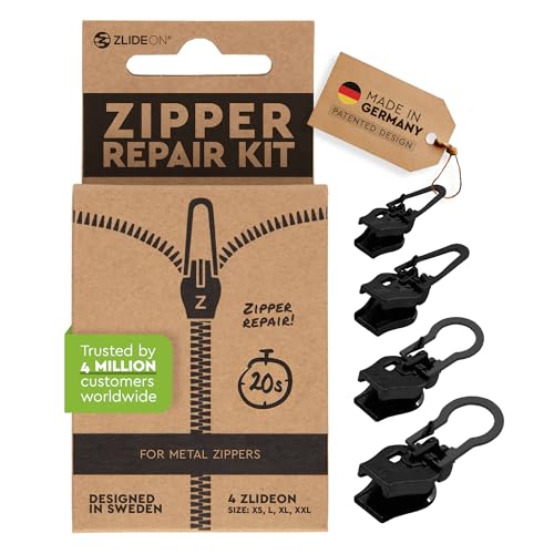 ZlideOn Reißverschluss Zipper Ersatz Reparatur Set – Schwarz Reißverschluss Reparieren Für Metallreißverschlüsse Multipack (4 pack) - Reissverschluss-Reparatursetpasst zu Jeans, Hosen, und mehr von ZlideOn