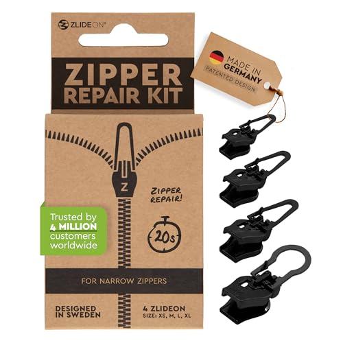 ZlideOn Reißverschluss Zipper Ersatz Reparatur Set – Schwarz Reißverschluss Reparieren Für schmale Reißverschlüsse Multipack (4 pack) - Reissverschluss-Reparatursetpasst zu Kleidern, Röcken, und mehr von ZlideOn