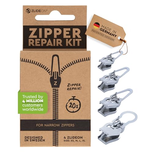 ZlideOn Reißverschluss Zipper Ersatz Reparatur Set – Silber Reißverschluss Reparieren Für schmale Reißverschlüsse Multipack (4 pack) - Reissverschluss-Reparatursetpasst zu Kleidern und mehr von ZlideOn