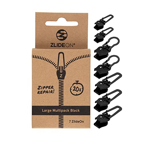 ZlideOn Zipper Repair - Normal Plastic & Metal Zipper XXL Silver ZlideOn Reißverschluss Ersatz - 7 Stk, Schwarz, Groß (Large Mulipacks (7pcs)) von ZlideOn