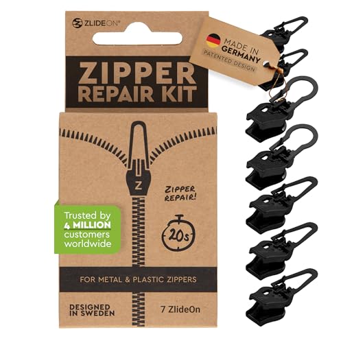 ZlideOn Zipper Repair - Normal Plastic & Metal Zipper XXL Silver ZlideOn Reißverschluss Ersatz - 7 Stk, Schwarz, Groß (Large Mulipacks (7pcs)) von ZlideOn