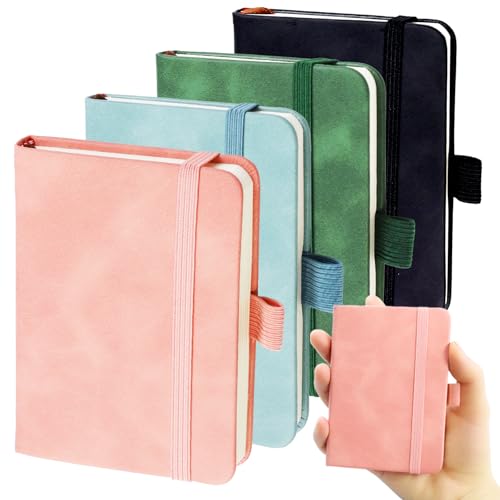 Zloptuoe 4er Set Notizbuch A7, Notizbuch Klein mit 200 Seiten, Notizblock A7 Blanko mit Gummizug 11 × 8 cm, 100 Blatt Dickes Papier, Taschen Notizbücher aus PU Leder für Schule, Arbeit - 4 Farben von Zloptuoe