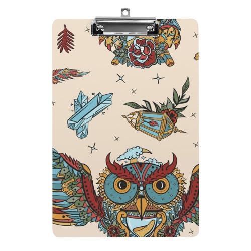 Lustiges Klemmbrett mit Eulen im Tattoo-Stil, mit starkem Metallclip, A4, Briefgröße, Acryl-Klemmbrett mit Loch zum Aufhängen Lustiges Klemmbrett mit Eulen im Tattoo-Stil, mit starkem Metallclip, A4, Briefgröße, Acryl-Klemmbrett mit Loch zum Aufhängen von Zltegako