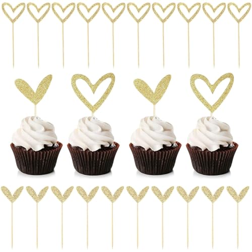 Pack of 24 Gold Glitter Heart Cupcake Toppers, Cute Design Love Cupcake Toppers for Wedding Bride Anniversary Baby Shower Party Decorations Supplies von ZmdecQna