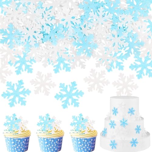 50 PCS Essbare Schneeflocken Tortendeko, Esspapier Weihnachten Cupcake Topper, Schloss Schneeflocke Tortendeko für die Winterkuchen Dekoration(Blau + Weiß) von ZmdecQna