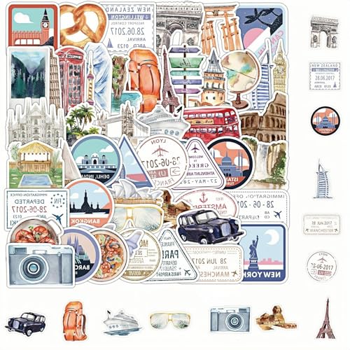 Vintage Travel Stickers Pack of 50 for Laptop, Car Suitcase, Skateboard, Waterproof Funny Outdoor Travel Holiday Stickers, Vinyl Trendy Landscape Sticker for Adults, Scrapbook, Luggage, Guitar von ZmdecQna