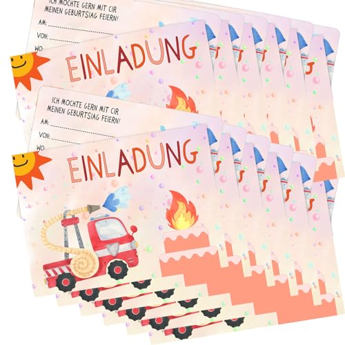 ZmdecQna Feuerwehr Einladung, 12 Bunte Einladungskarten mit 12 Briefumschläge Feuerwehrauto Einladungskarten Geburtstagseinladungen von ZmdecQna