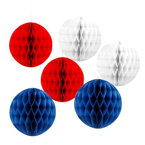 6 Stück Unabhängigkeitstag-Dekorationen, hängende Papier-Waben-Pompons, 4. Juli, rot-weiß-blaue Papierkugel-Ornamente für USA, amerikanische Party, Zimmer, Decke, Wand, Heimdekorationen, Zubehör von Zmupl