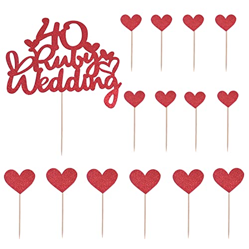 1xKuchendekoration zum 40. Jahrestag, Rubin, Hochzeitstortendekoration mit 14 Herz-Kuchendekorationen, rote Kuchendekorationen zum 40. Hochzeitstag, Glitzer-Kuchendekoration für Feiern, Partyzubehör von Zngou