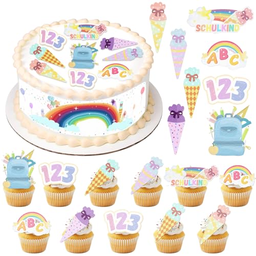 Tortendeko Einschulung Essbar,48 Stück Cupcake Topper Einschulung Essbar+4 Stück Tortenband Essbare 24cm x 5cm,Kuchendeko Schulanfang,Esspapier Schulkind Tortenaufleger Tortenband von Znnhnn