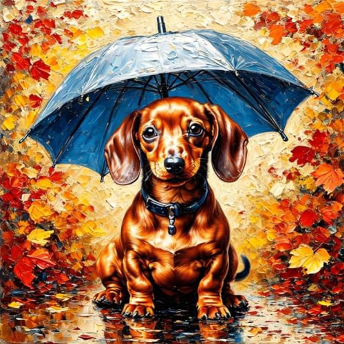 Znnhtyj Dackel 5D Diamant Painting Bilder Diamond Painting Erwachsene DIY Vollbild，DIY Diamant Crystal Arts Craft Cross Stickerei Diamant Malerei Kits Home Wand Décor Geschenk Regenschirm 40x40cm von Znnhtyj