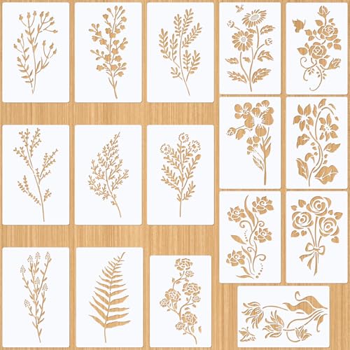 Zocipro 16 Stück Schablonen Textilgestaltung, 8pcs (30 x 20cm) und 8 pcs (28 x 18cm) Wiederverwendbare Malschablonen für DIY, Holz, Möbel,T Shitr, Kunststoff Zeichenschablonen mit Blumen, Blättern von Zocipro