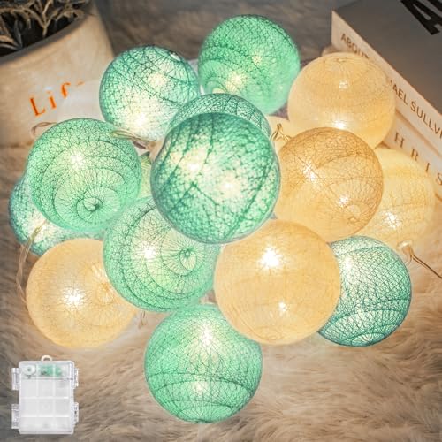 Ciskotu Lichterketten Inne Batterie, 3.8M Lichterkette Lampions 20 LED, Cotton Ball Lichterkette Kugeln für Kinderzimmer Weihnachten Party Garten Terrasse (Grün) von Ciskotu
